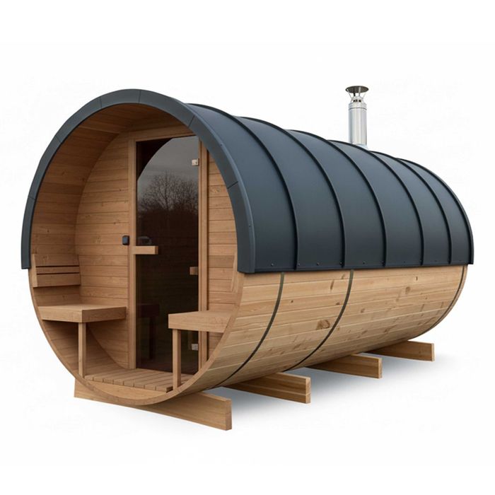 Drewniana sauna beczka XL Docieplona, dach pokryty aluminium 8-10 osób