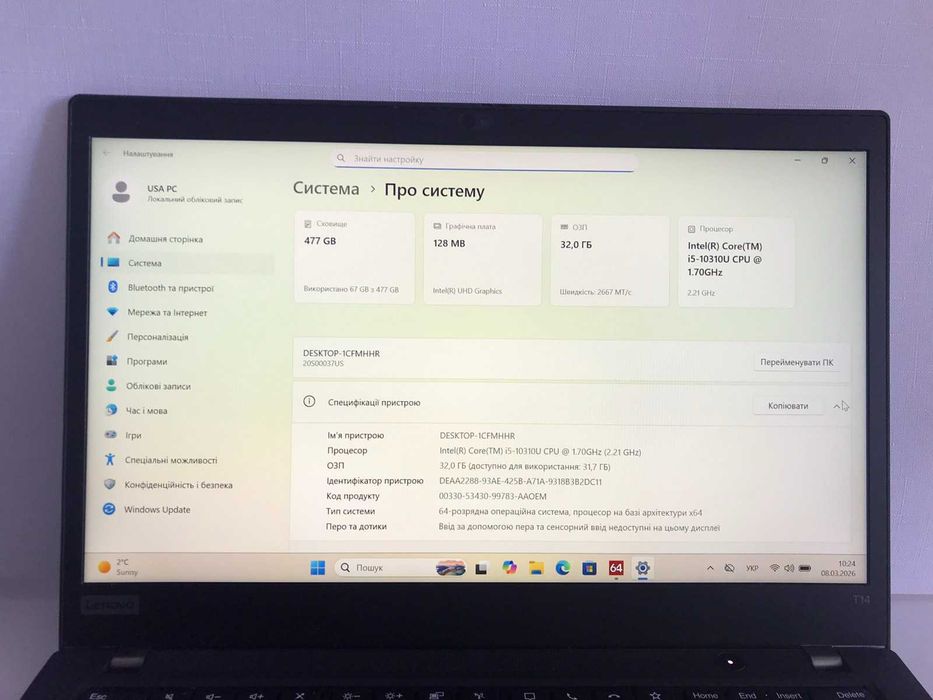 Ноутбук Lenovo Thinkpad T14 Gen 1 (i5-10310U 32GB 512GB 1920x1080 IPS)