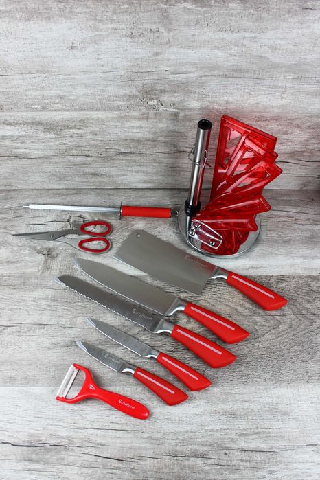 Czerwony Zestaw noży Elitehoff E-6264 – 9 el. obrotowy stojak