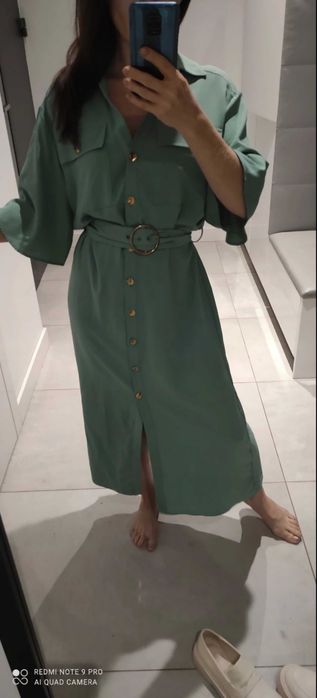 Zara HIT szałwiowa dluga sukienka koszulowa XL