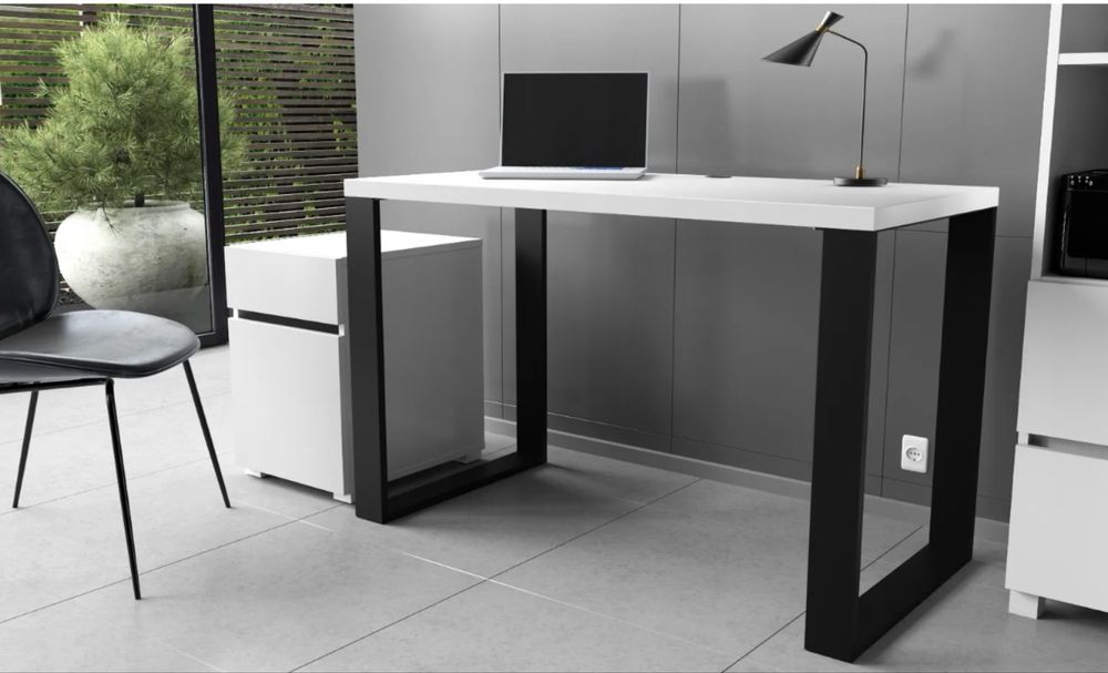 Biurko loftowe 120 cm biały mat metalowe czarne nogi