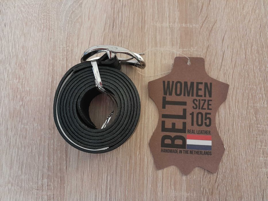 Skórzany pasek damski z Holandii, czarny_gładki_105 cm_ kl. srebrna
