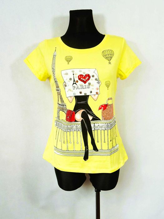 T-shirt Miss Kiss S/M żółty z napisem Paris i ozdobami