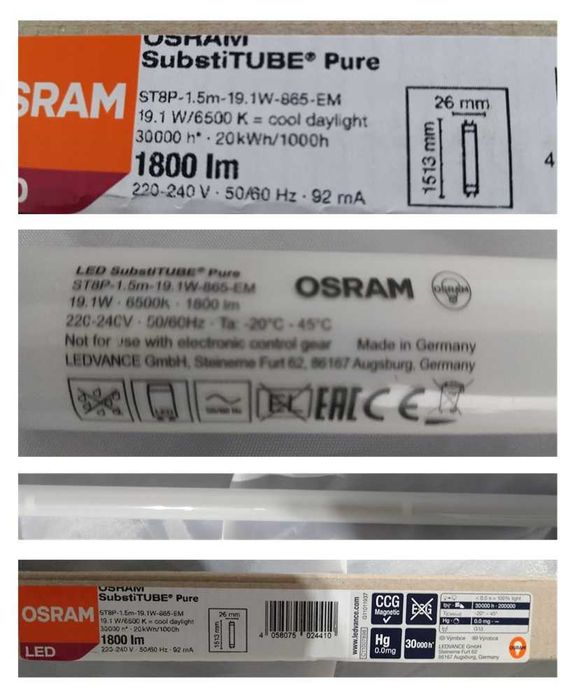 Osram Lote 7 Tubo de Led St8P 1,5 Metro
