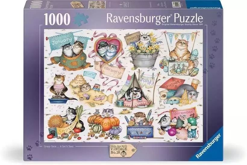 Puzzle 1000 Kalendarz Szalonych Kotów. Ravensburger. Nowy Produkt