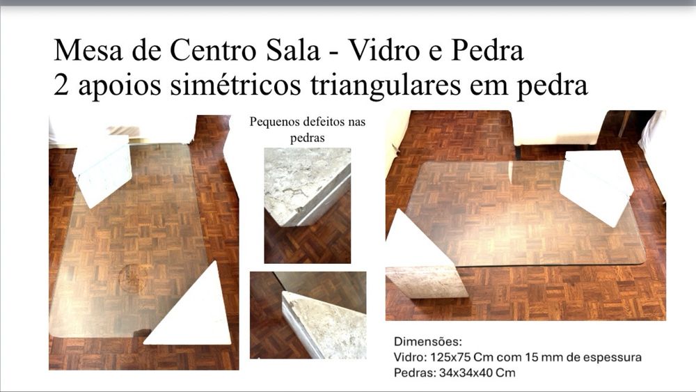 Mesa de centro de pedra e vidro