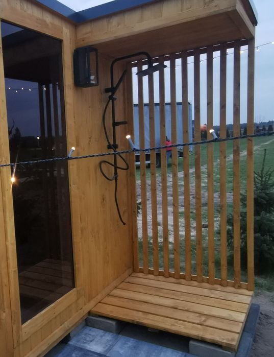 Sauna Ogrodowa Ocieplona zewnętrzna 4,5 x 2m Prysznic Piec Delux