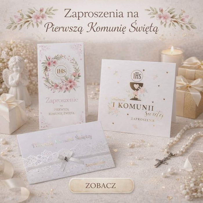 Komunia Święta zaproszenia, pokrowce, dekoracje