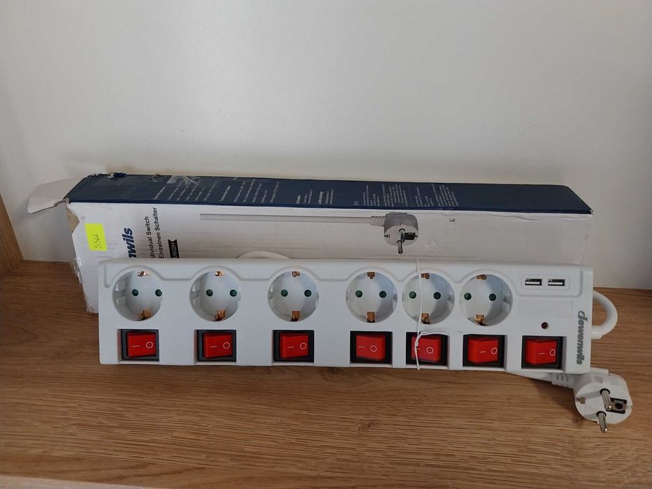 Listwa zasilająca 2m 6gniazdek + 2x USB z przełącznikami S366