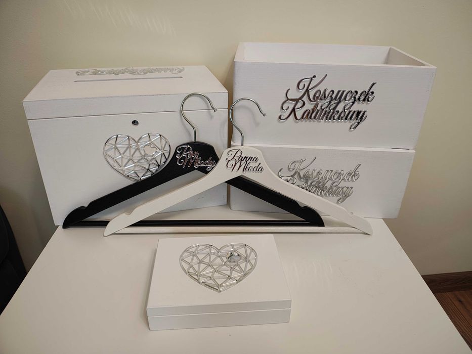 nowy zestaw ślubny pudełko na obrączki skrzynka na koperty wieszaki koszyki ratunkowe srebrne plexi