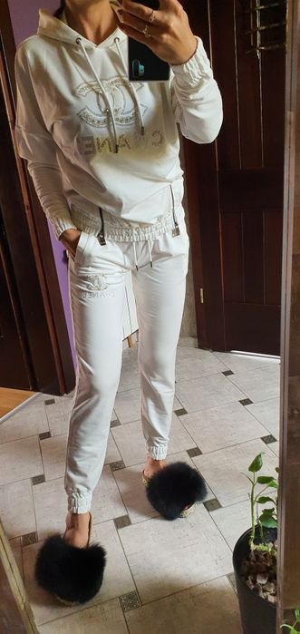 Dres damski premium biały bawełna zdobiony logo S M
