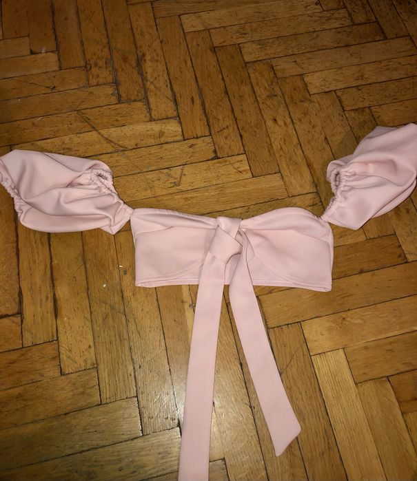 Różowy top z bufiastymi rękawami 34 XS pudrowy róż