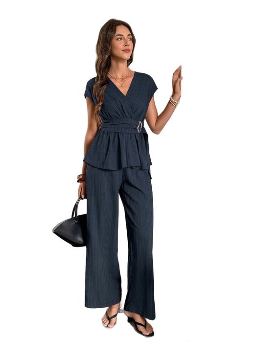 Shein granatowe spodnie proste z lekkiego materiału casual l 1ma