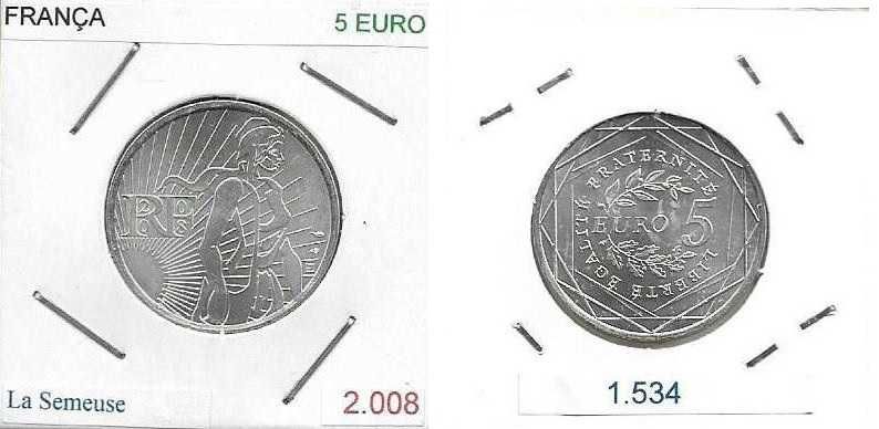 França - - - 5 Euros - 2008 - - - La Semeuse - - - Moeda de Prata
