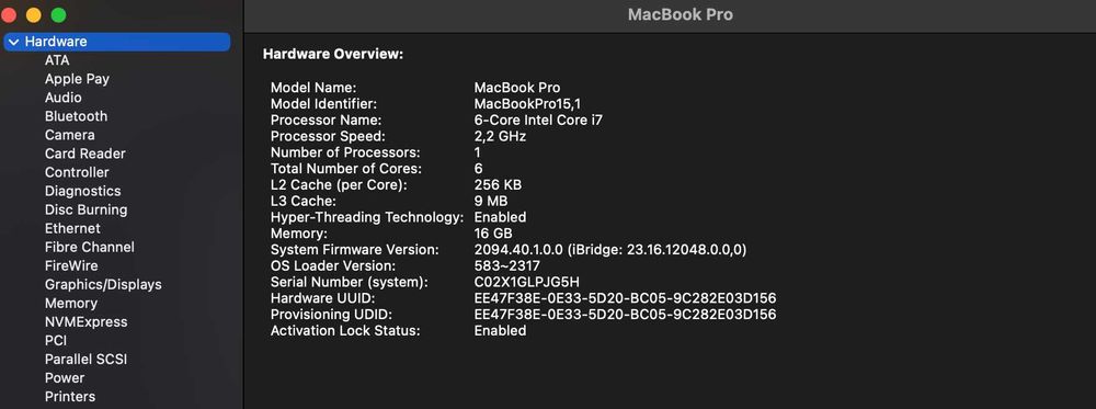 MacbookPRO 15 2018. Core i7 Hexa Core, 16Gb Ram, Ssd 256Gb, Radeon 4GB