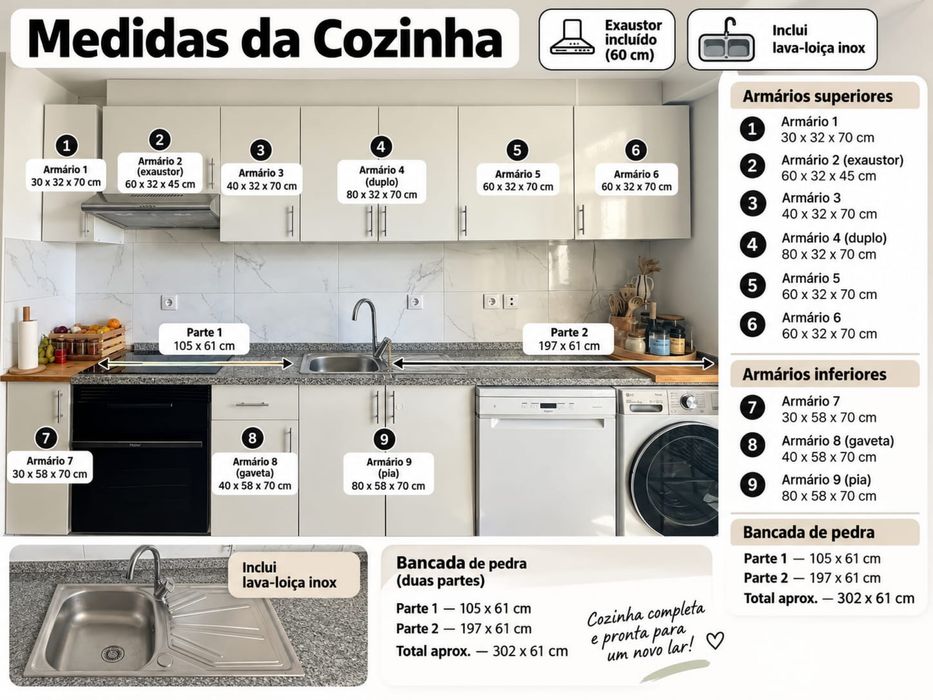 Cozinha completa c/ bancada de pedra, lava-loiça e exaustor
