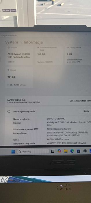 Laptop gamingowy Asus TUF Gaming A15 / 1TB SSD / RTX4050