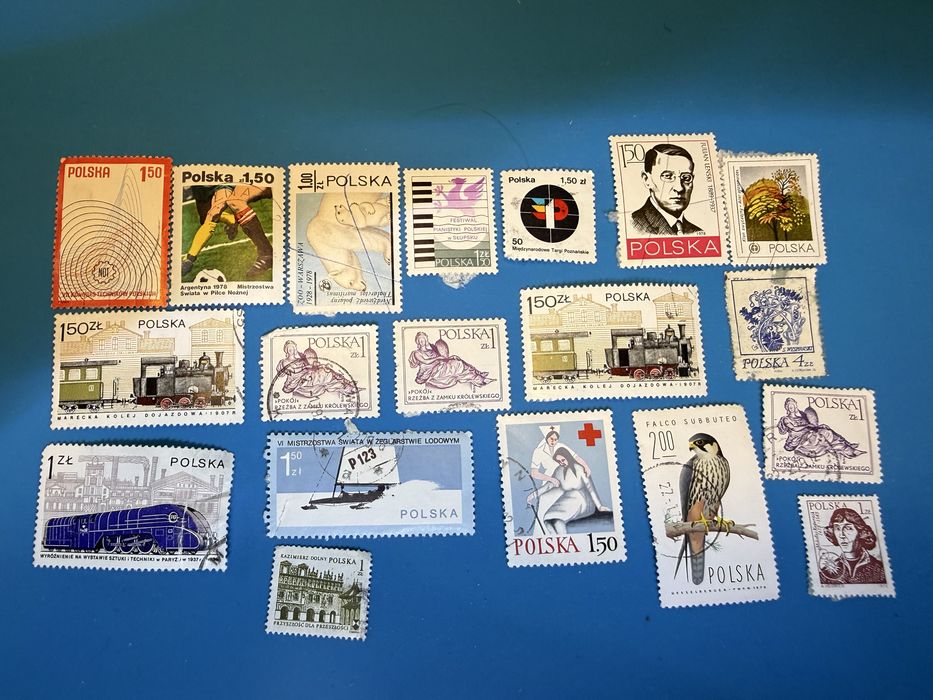 Zestaw 20 Znaczków PRL | Pociągi, Polonez, Sport, Kosmos | Kolekcja