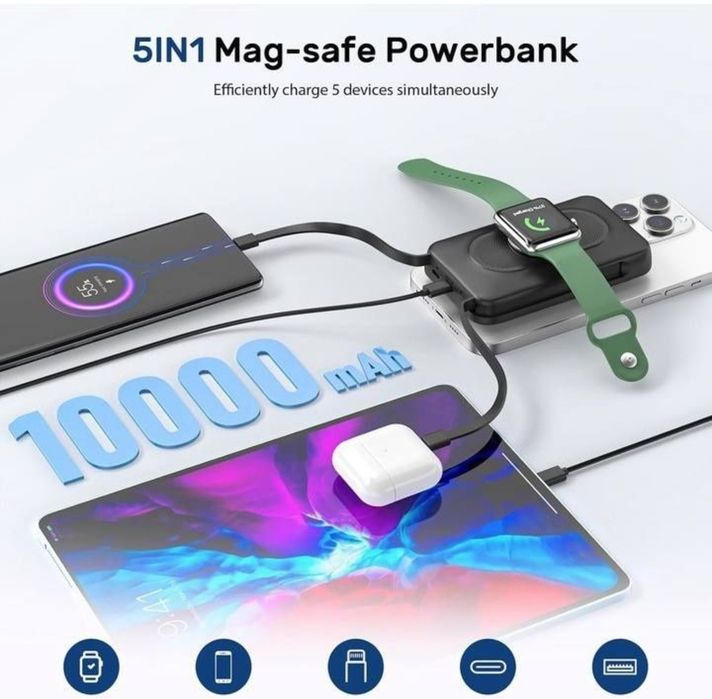 Power Bank 10000 mA на Mag-Safe 5в1 для Apple Watch, iPhone магнітна