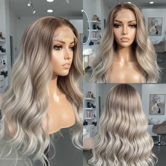 Długa Kręcona Peruka Blond Ombre NaKoronkowej Siateczce Lace Front Wig