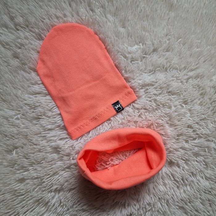 Czapka z kominem Mimi bawełniana kpl wiosenny prążkowany rozowy