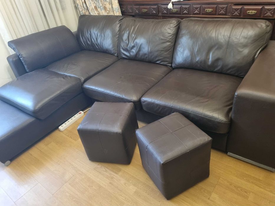 Sofa chaise longue pele castanho