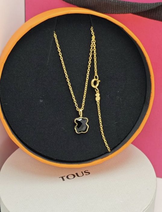 Naszyjnik z misiem z onyksu żółte srebro vermeil 925