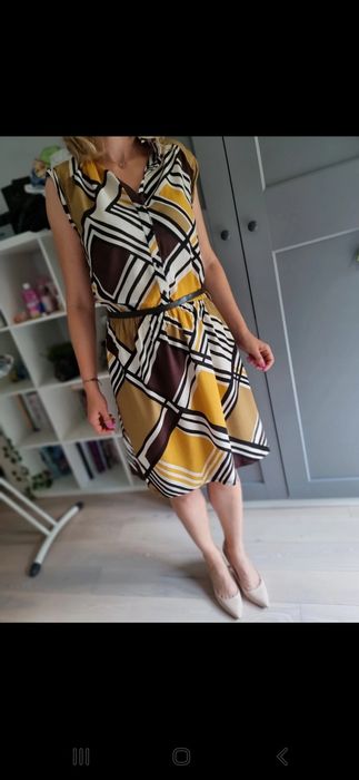Sukienka geometryczne wzory elegancka kobieca koktajlowa Promod roz 36