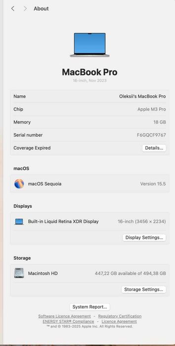 MacBook Pro 16" M3 Pro, 18GB, 512GB