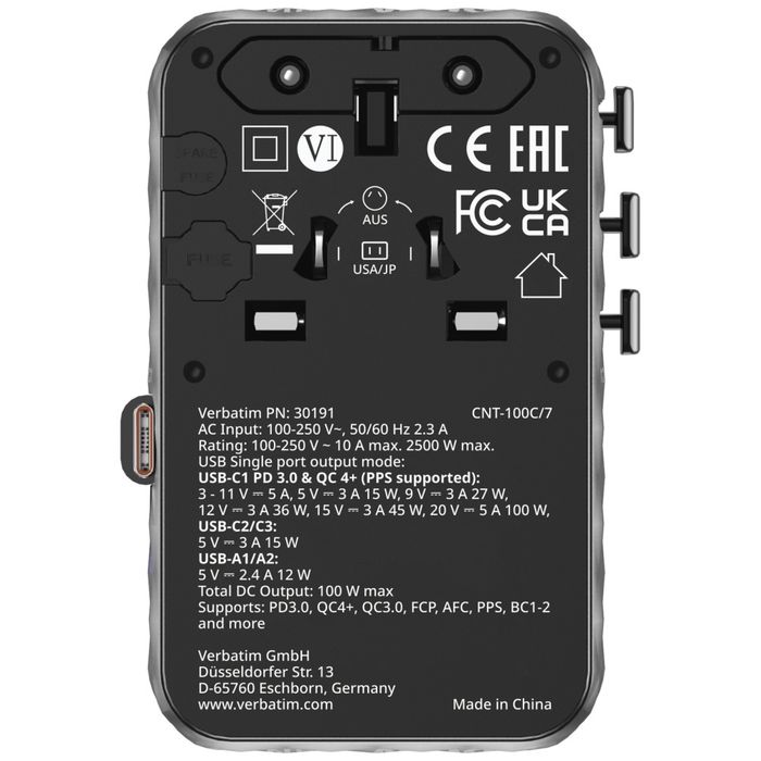 Verbatim Adapter podróżny EU/UK/US GaN 2xUSB-C/2xUSB-A/1xUSB-C PD 100W czarny 30191