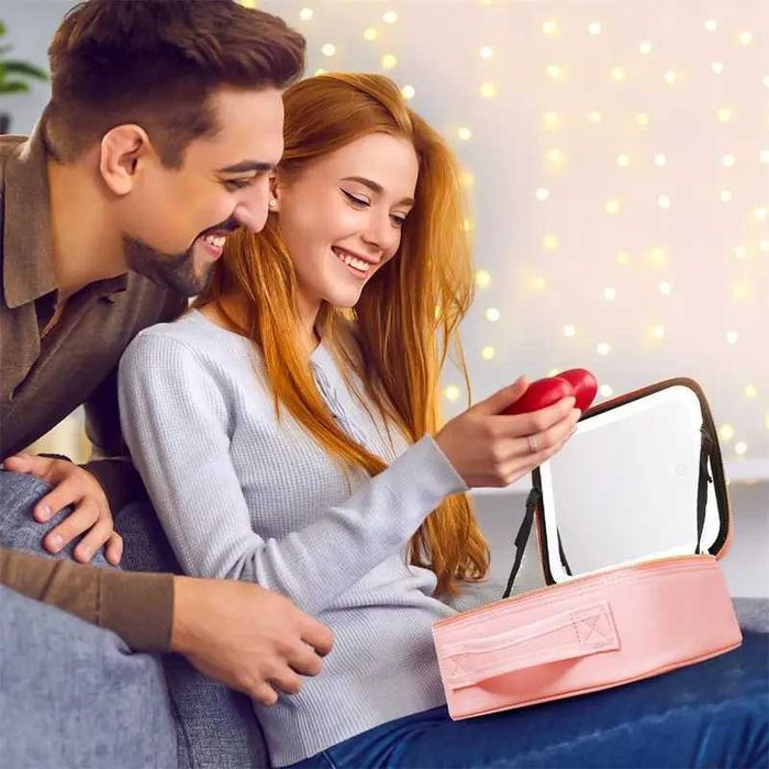 Косметичка чемоданчик с LED зеркалом органайзер кожаная чёрная розовая