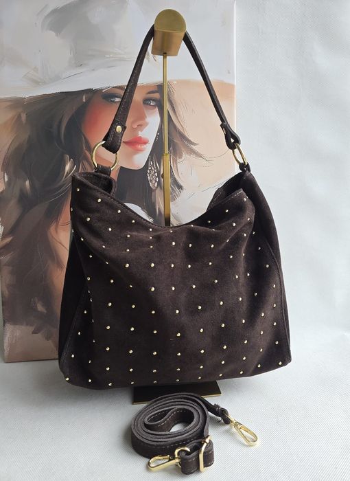 Torebka zamszowa brązowa skórzana Laura Biaggi