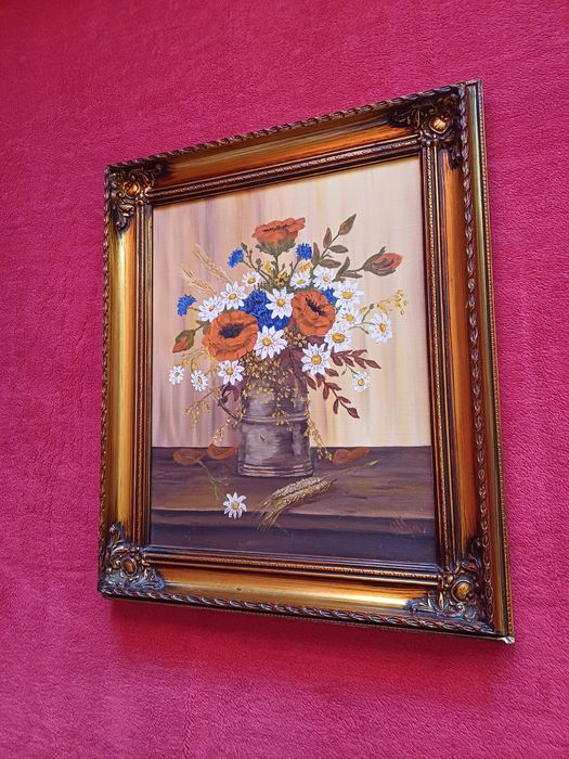 Stary obraz na płótnie sygnowany Kwiaty