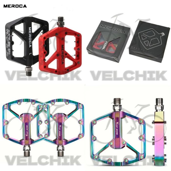 Педалі Meroca нейлонові з шипами (чорні, червоні), Педалі West Biking алюмінієві (хамелеон) на промпідшипниках. Велопедали, педали на промах.
