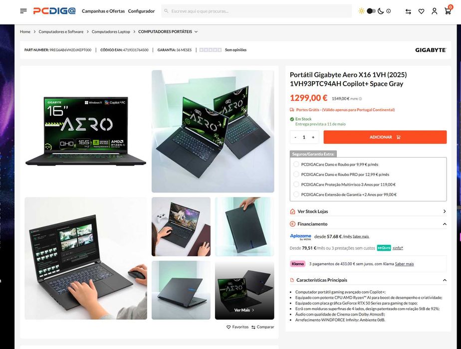 Portátil Gaming Gigabyte Aero X16 - Ryzen Al 7 350 - RTX 5060 - novo