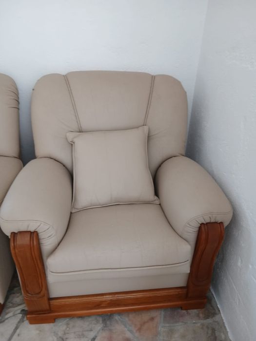 Duas poltronas e sofá em pele e madeira maciça