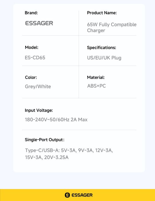 Зарядное устройство Essager GaN 65W сетевое ES-CD65 65 ватт  2-в-1  быстрая и мощная зарядка для ноутбуков Киев Позняки самовывоз