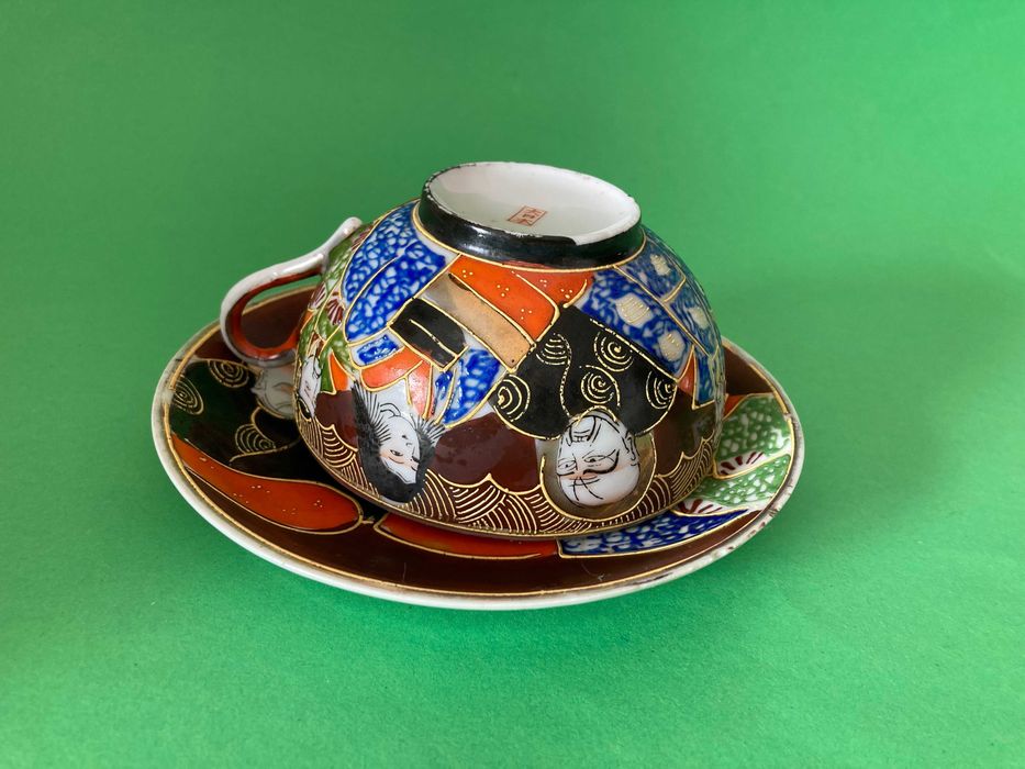 Chávena e pires porcelana casca de ovo estilo Satsuma Japan Antiga