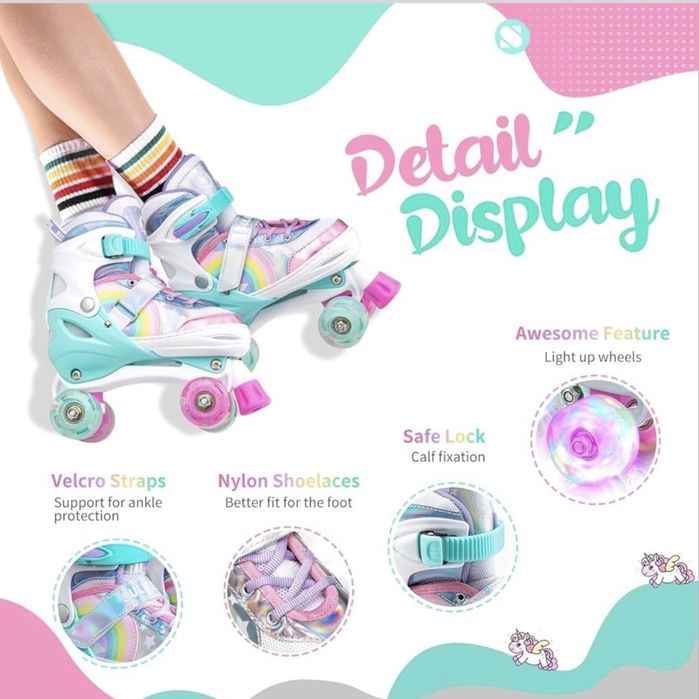 Como novo! Sulifeel Rainbow Unicorn Rodas de Patins com Luzes Ajustáveis para Meninas e Meninos, Tamanho: EU 28-31