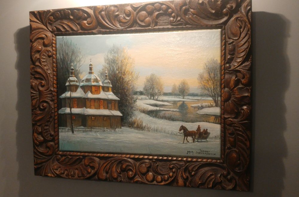 obraz olejny na płótnie zimowy krajobraz cerkiew sanna pejzaż