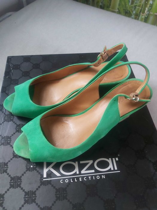 KAZAR JAK NOWE sandaly buty 38 zielone skóra koturn