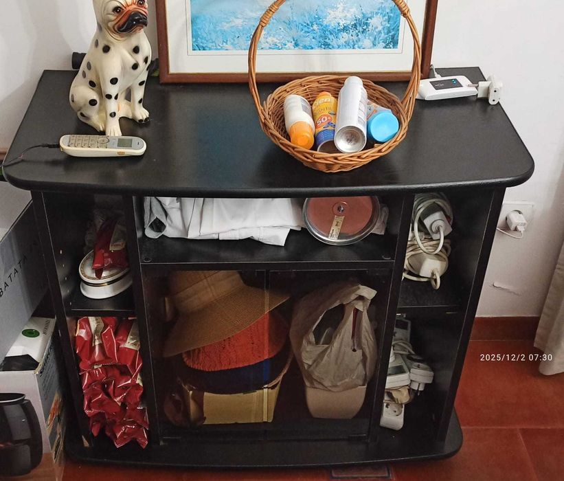 Móvel de TV com rodízios, 2 portas de vidro e prateleiras.