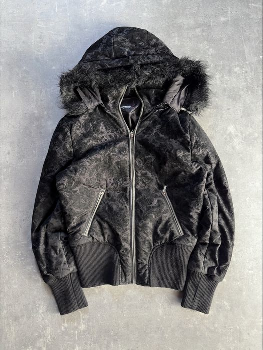 Y2K fishbone faux fur tribal kurtka bomberka z nadrukiem M S swag