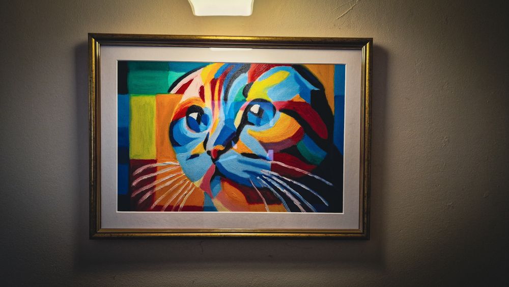 Obraz olejny, kubizm, kot zwisłouchy. Format A3. Ramka w komplecie