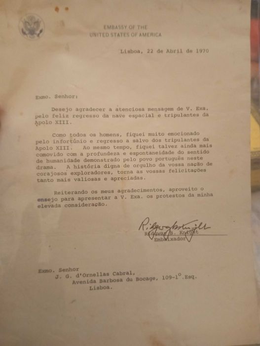 Carta de embaixador da América antiga da apolo 13
