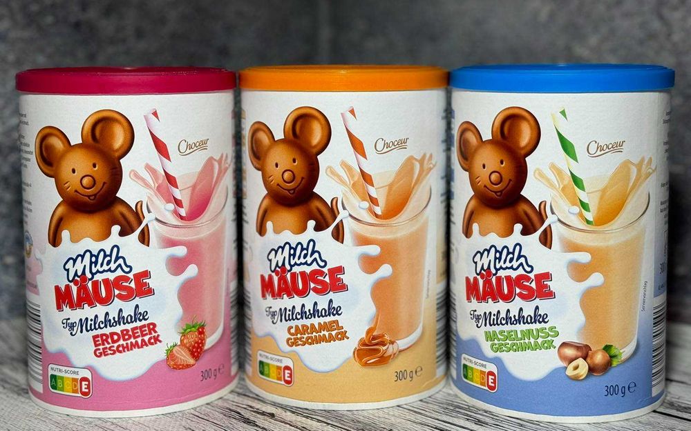 Молочний коктейль Milch Mause карамельний,полуничний,горіховий 300 г