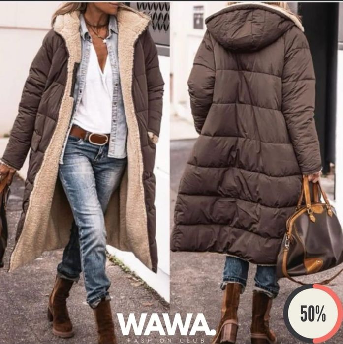 Dluga kurtka dwustronna Sherpa czekoladowa 2xl