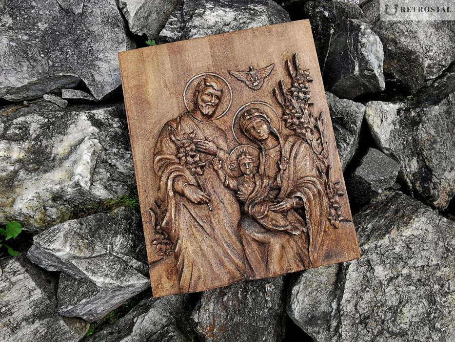 Płaskorzeźba drewno Święta Rodzina III prezent 80