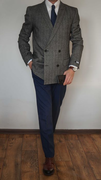 Marynarka dwurzędowa Karl Lagerfeld 48 Szary Grafit Jodełka Wełna