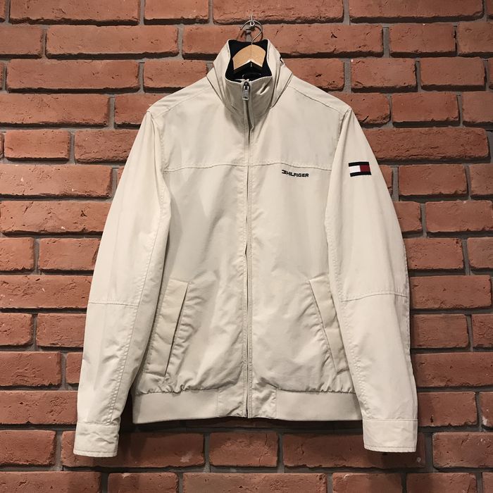 Kurtka TH Tommy Hilfiger jasna beżowa z kapturem chowanym ecru logo